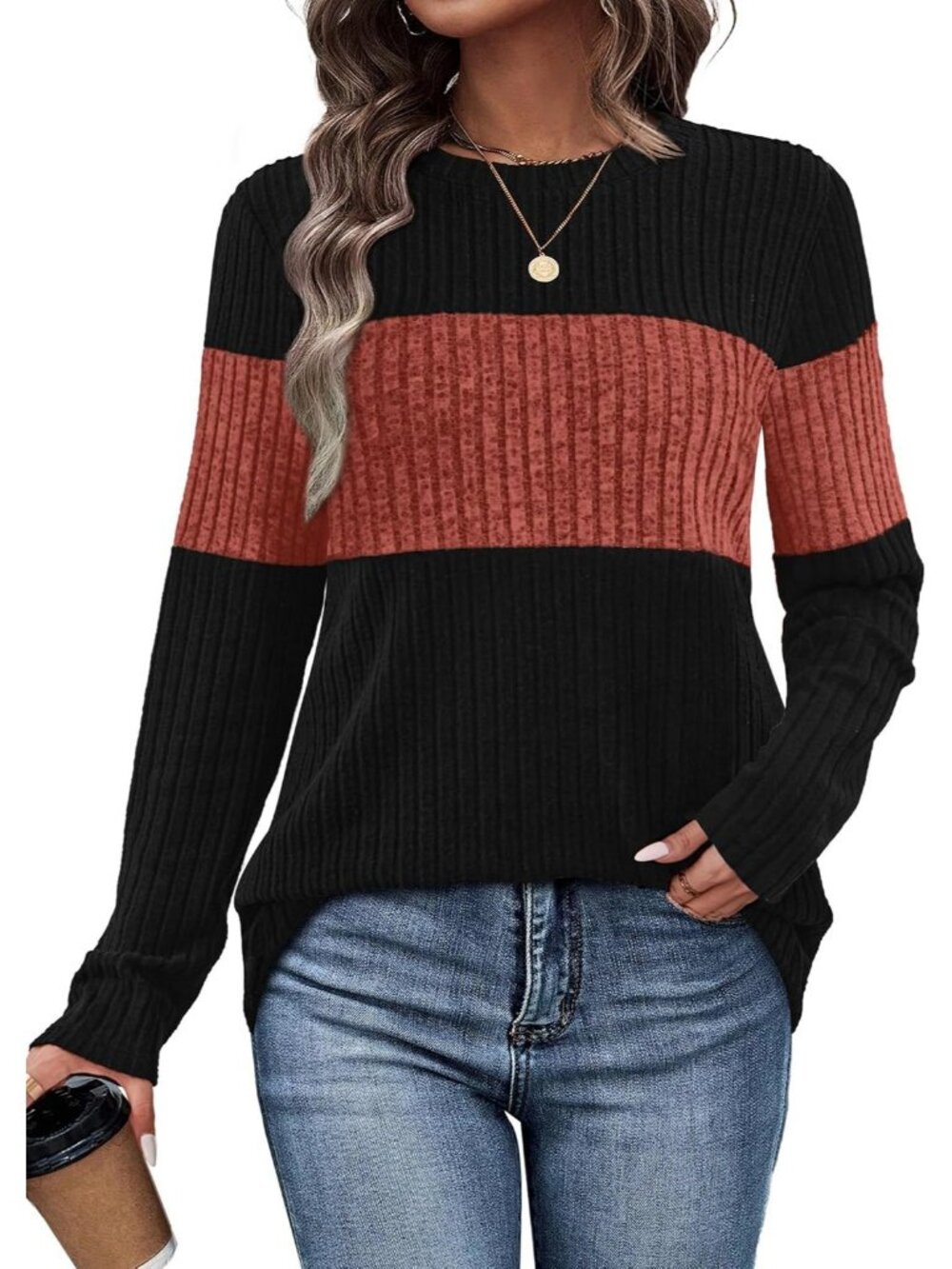 Women's Caramel Block Tops Long Sleeve Shirts Fall Outfits Trendy Sweaters